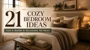 Discover 21 cozy bedroom ideas to create a warm and relaxing retreat. Learn how to use bedding, lighting, textures, colors, and decor to make your bedroom feel inviting.