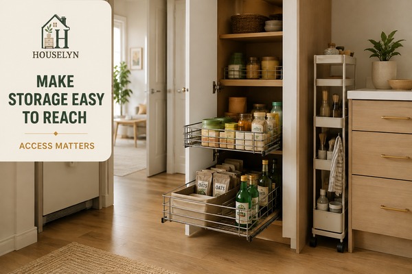 Accessible small apartment storage with pull-out baskets, shelf risers and clearly arranged daily items