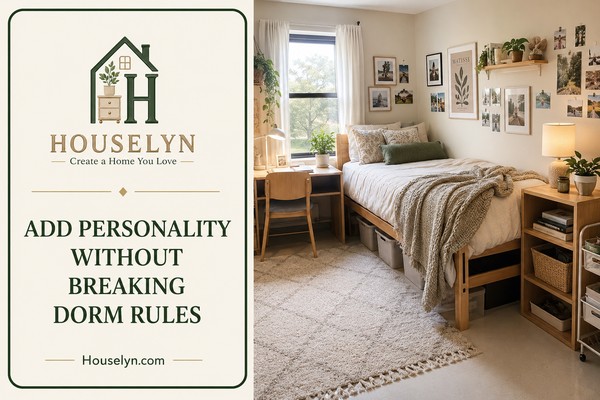 Stylish dorm room with renter-friendly wall art, photo display, cozy rug, soft bedding, warm lamp and personal decor.