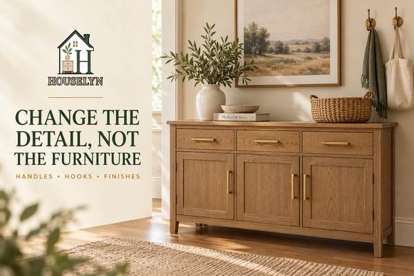 Natural wood cabinet with affordable upgraded handles and practical wall hooks in a warm neutral home