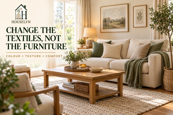 Warm neutral living room refreshed with affordable cushion covers, lightweight throw and simple full-length curtains