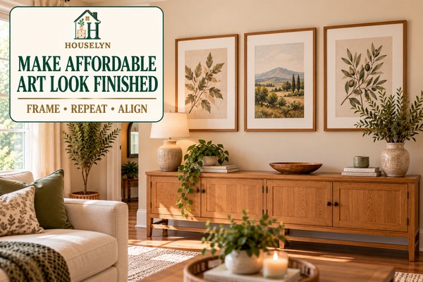 Affordable framed wall art with coordinated mats and simple frames arranged neatly above a natural wood console