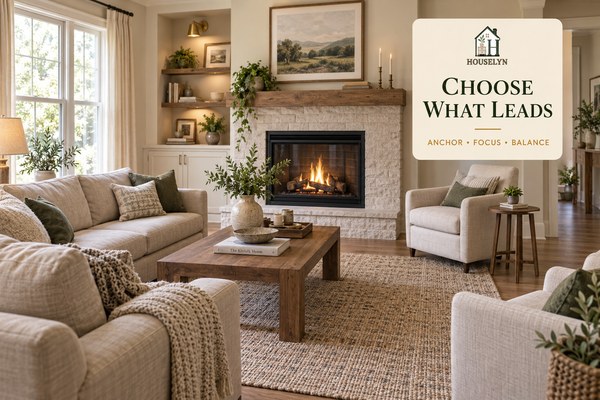 Balanced living room with a clear sofa and fireplace focal point, restrained furniture and open circulation