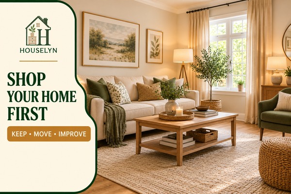 Warm neutral living room being assessed before new decor purchases with existing furniture, artwork, lighting and accessories