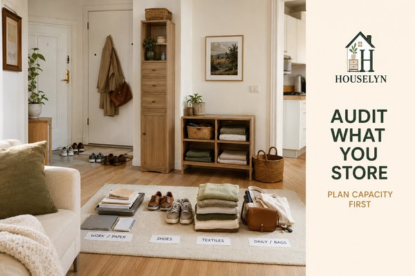 Small apartment storage audit showing categorized belongings, existing cabinets and clear walking space