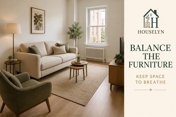 Balanced small apartment living room with compact sofa, nesting tables, open floor space and restrained furniture