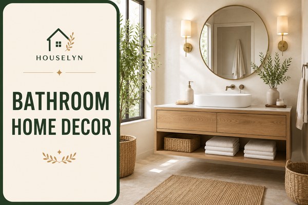 Bright bathroom with floating vanity, natural wood accents, soft towels, indoor plant, warm lighting, and timeless bathroom home decor. bathroom-home-decor.jpg