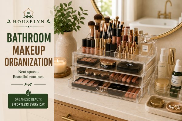 Organized bathroom makeup station with acrylic organizers, brushes, and neatly arranged cosmetics. bathroom-makeup-organization.jpg