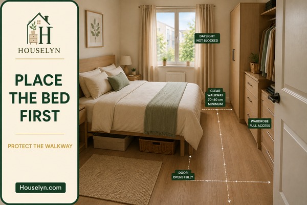 Compact apartment bedroom with a properly positioned bed, clear walkway and accessible wardrobe