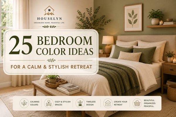 Bedroom color ideas with warm neutral bedding, soft sage wall color, olive accents, natural wood furniture and cozy Houselyn-style bedroom styling. bedroom-color-ideas-hero-new.jpg