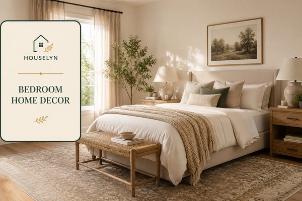 Peaceful bedroom with layered bedding, upholstered bed, bedside lamps, natural wood furniture, greenery, and warm neutral bedroom home decor. bedroom-home-decor.jpg