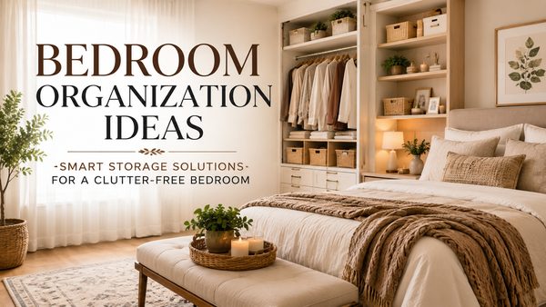 Bedroom organization ideas with storage solutions, baskets, and clutter-free bedroom styling