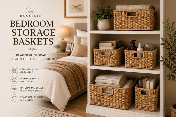 Bedroom organization ideas using woven storage baskets and neutral bedroom decor