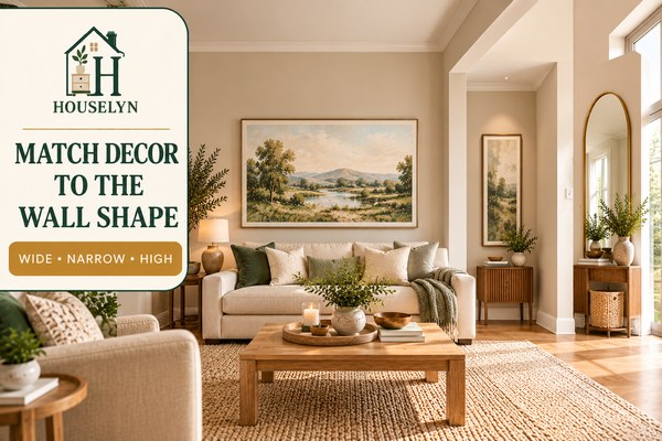 Living room showing well-proportioned decor solutions for a large wall, narrow wall and awkward wall space
