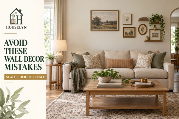 Living room showing common blank wall decor mistakes including undersized artwork, poor hanging height and crowded wall placement