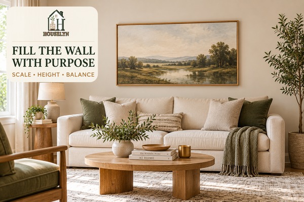 Warm neutral living room with correctly scaled wall art above a cream sofa and balanced empty wall space