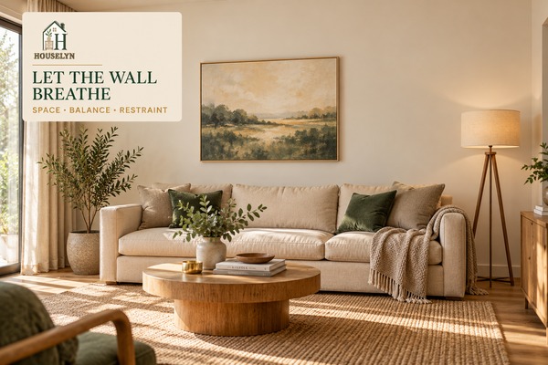 Living room with balanced wall art above a sofa and generous negative wall space around the composition