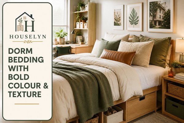 Dorm bed with bold colour accents, layered pillows, textured throw and stylish college room decor