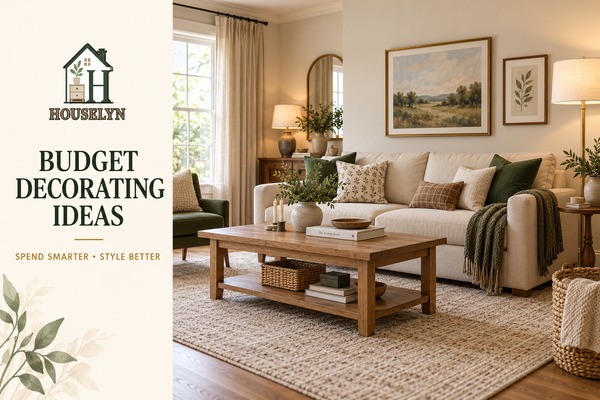 Stylish warm neutral living room featuring affordable furniture, textiles, lighting and budget decorating ideas