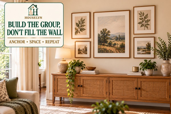 Restrained budget gallery wall with one larger anchor frame and a few coordinated smaller frames above a natural wood console