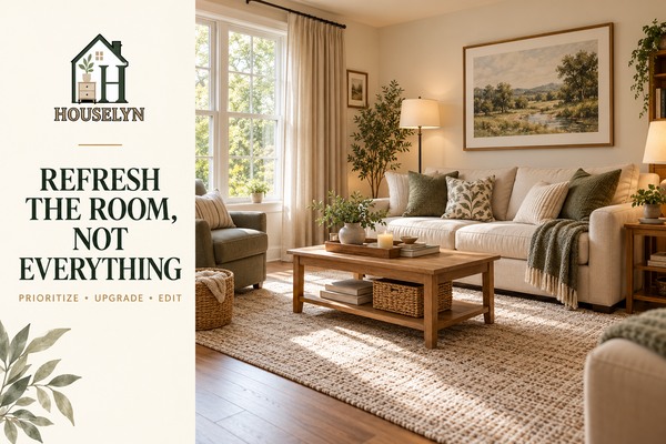 Warm neutral living room refreshed on a budget using existing furniture, improved lighting, textiles, wall decor and organized storage
