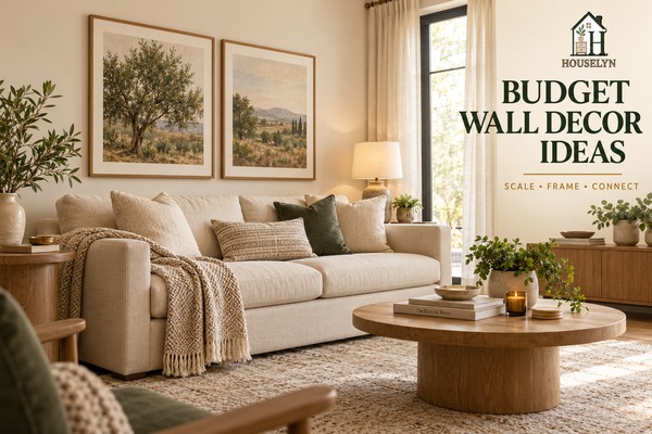 Warm neutral living room with large affordable framed wall art correctly scaled above a cream sofa