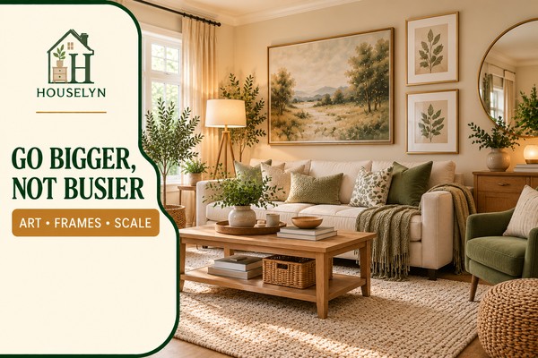 Warm neutral living room with affordable large-scale wall art, simple frames and balanced budget wall decor