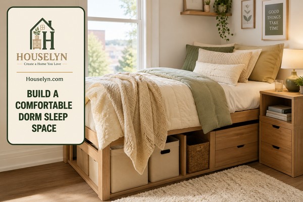 Beautiful dorm bed with layered bedding, soft pillows, warm lighting and cozy neutral décor.