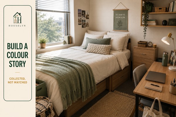 Collected college dorm colour story with warm neutral bedding, muted sage accents, caramel details, a coordinated rug and practical desk accessories.