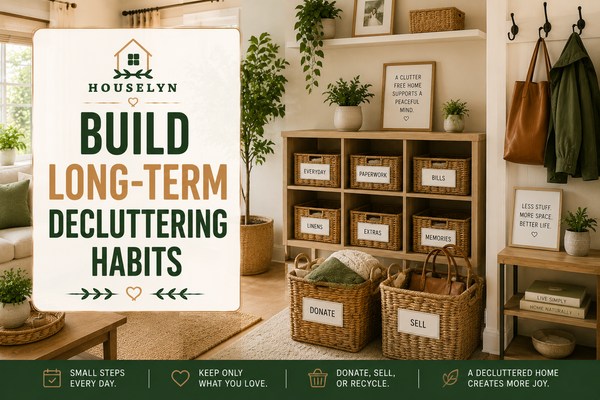Decluttering tips featuring sustainable organization habits, organized storage systems, and clutter-free home living. build-long-term-decluttering-habits.jpg