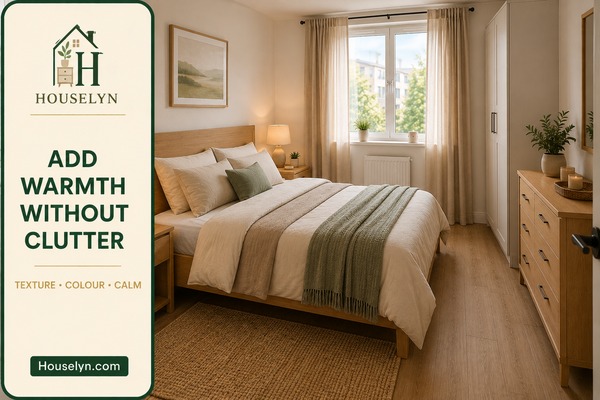 Calm small apartment bedroom with warm neutral bedding, restrained decor and clear uncluttered surfaces