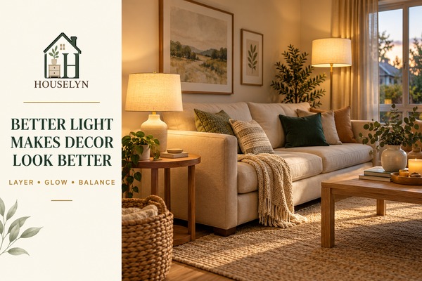 Warm neutral living room with affordable layered lighting from table lamp, floor lamp and soft warm bulbs