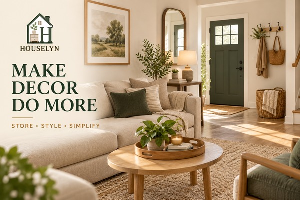 Warm neutral home with affordable baskets, decorative trays, wall hooks and practical decor used for organization