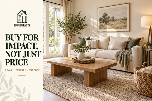 Warm neutral living room with carefully selected affordable decor chosen for scale, texture and practical value