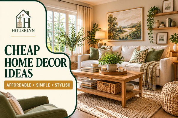 Stylish warm neutral living room featuring affordable textiles, wall decor, lighting and cheap home decor ideas