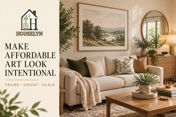Warm neutral living room with affordable framed art, reused picture frames and simple well-scaled wall decor