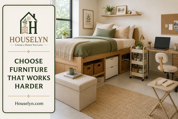 College dorm featuring storage ottoman, rolling cart, bedside organiser, foldable side table and open floor space.