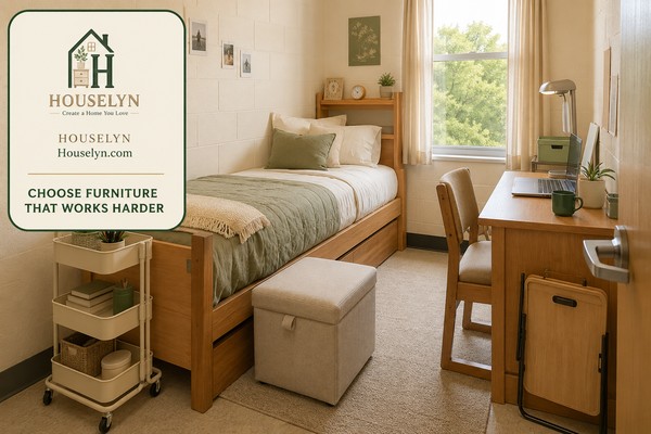 Small dorm room with a compact storage ottoman, folding work surface and slim mobile cart arranged around a clear walkway.