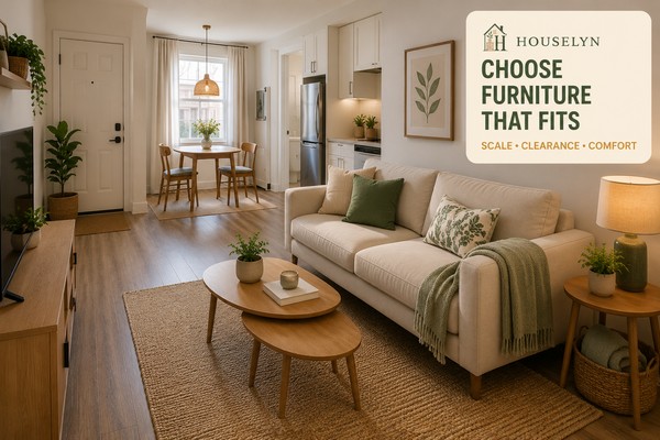 Small apartment living room with appropriately scaled sofa, nesting tables and clear furniture circulation.