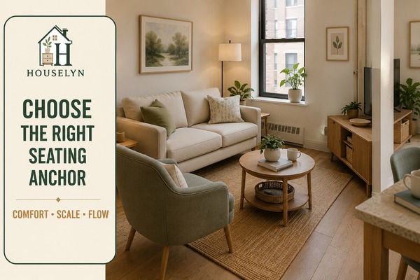 Compact apartment living room with a properly scaled sofa, occasional chair and clear circulation
