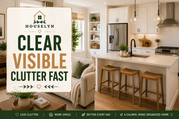 Beautiful organized kitchen and living space featuring clutter-free countertops, clean surfaces, and simplified home organization