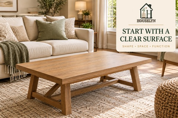 Clean empty coffee table in a warm neutral living room ready for styling