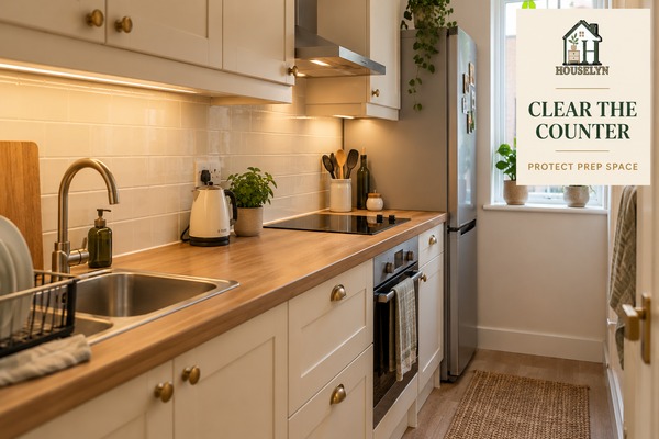 Small apartment kitchen with a clear preparation counter and only essential appliances left on the worktop