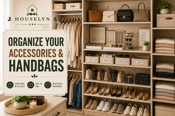 Closet organization ideas featuring organized handbags, accessories, shelf dividers, and shoe storage. closet-accessory-organization.jpg