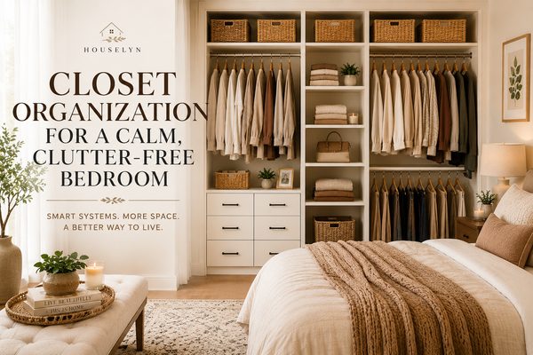 Bedroom organization ideas for a tidy closet with shelves, baskets, and clothes