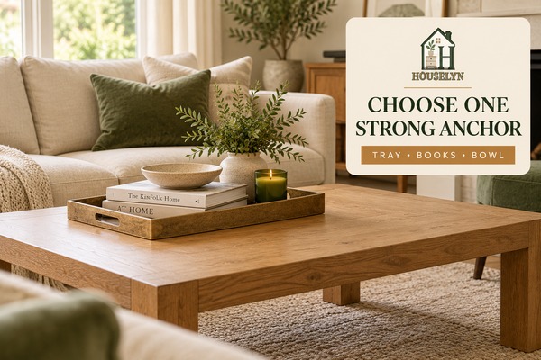 Styled rectangular coffee table with a decorative tray acting as the main anchor for books, bowl and candle