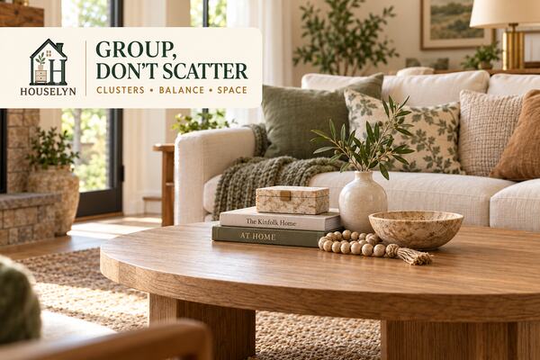 Coffee table decor grouped into a balanced cluster with books, vase and decorative box while leaving open tabletop space