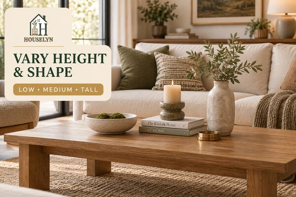 Styled coffee table with low bowl, medium candle and taller vase using mixed shapes and materials