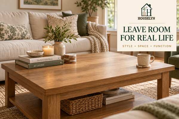 Balanced styled coffee table with one decorative cluster and generous clear surface for everyday use