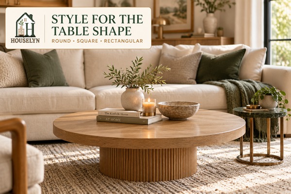 Living room displaying different coffee table shapes with balanced decor arrangements suited to each tabletop
